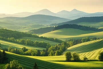 Obraz premium A scenic view of rolling green hills and distant mountains in the Kralicky Sneznik Mountains of Czechia. The landscape is bathed in warm sunlight, creating a serene and peaceful atmosphere , ai