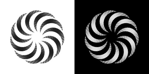 Abstract background with lines pattern in circles. Spiral art design as logo or icon. A black figure on a white background and the same white figure on the black side. Mandala with line pattern.