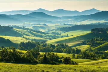 Obraz premium A scenic view of rolling green hills and distant mountains in the Kralicky Sneznik Mountains of Czechia. The landscape is bathed in warm sunlight, creating a serene and peaceful atmosphere , ai
