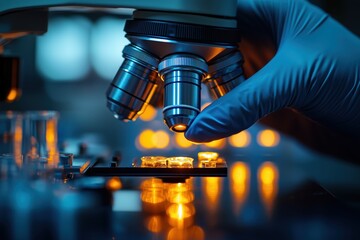 Close-up of a scientist's hand using a microscope to examine samples in a laboratory setting with illuminated background