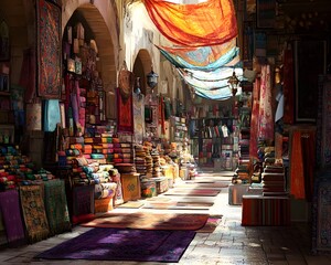 Naklejka premium A vibrant marketplace filled with colorful textiles and warm sunlight shining through decorative fabrics.