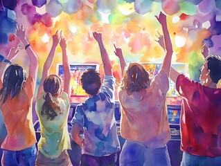 Obraz premium A vibrant scene of five individuals celebrating joyfully, arms raised, against a colorful backdrop of lights and confetti.