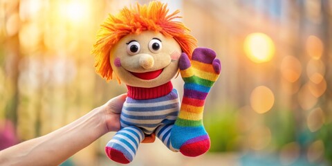 Naklejka premium A hand holds a colorful, soft, and worn-out puppet with a smiling face, paired with a matching sock,