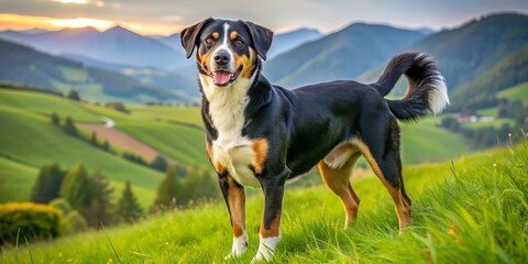 A handsome tri-colored Appenzeller Sennenhund dog with a bushy tail and floppy ears stands alertly in a lush