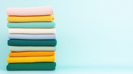 Stacked Colorful Fabric Swatches on Blue Background