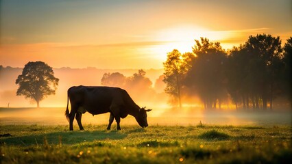 Obraz premium Cow grazing in serene country field with trees silhouette in the background