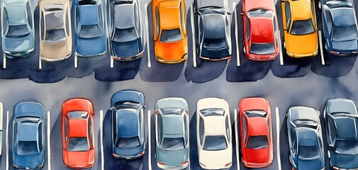Fototapeta premium Aerial view of a colorful parking lot filled with a variety of cars, showcasing vibrant colors and organized parking spaces.