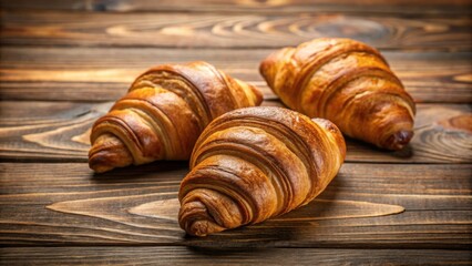 Three freshly baked croissants on a wooden table , croissants, pastry, food, breakfast, French, bakery, delicious, golden