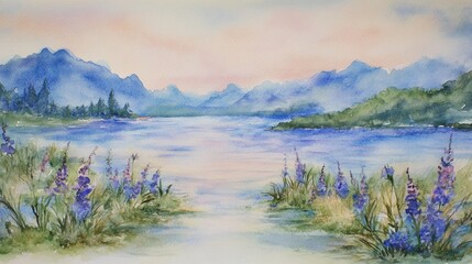 Peaceful countryside with flowing stream, hills, and sunset sky.