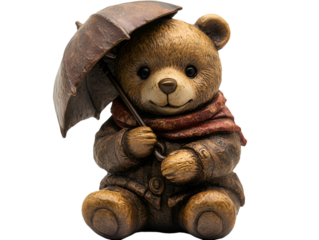 a statue of a teddy bear holding an umbrella. 