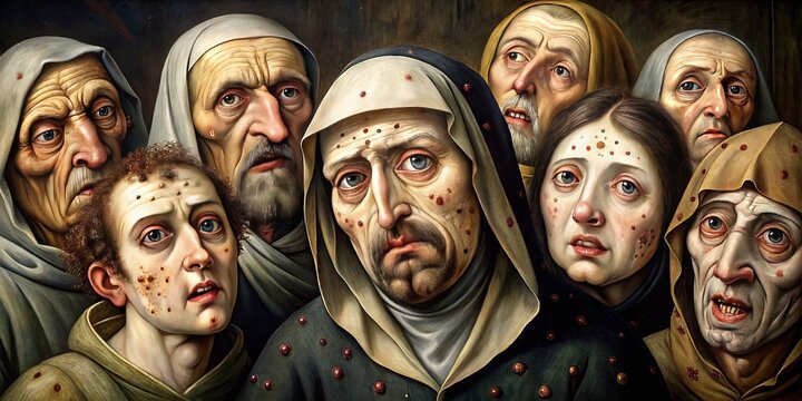 A haunting medieval illustration depicting victims of the bubonic plague, with swollen lymph nodes, feverish