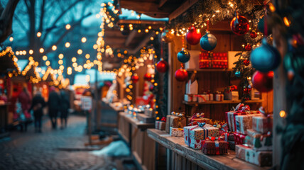 Obraz premium Festive Christmas market with holiday lights and decorated stalls
