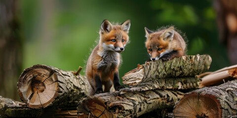 Obraz premium Adorable Young Fox Kit Resting on a Pile of Timber