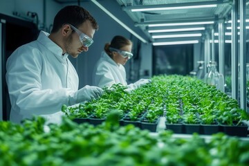 Biologists in a high-tech ecological laboratory studying sustainable plant growth under controlled conditions photorealistic