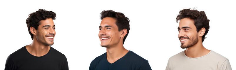 Fototapeta premium Group of three happy men smiling and laughing, isolated on transparent background