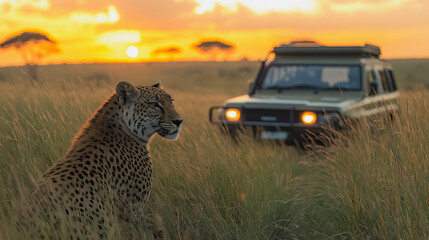 A leopard is sitting in the grass next to a safari vehicle. The sun is setting in the background, creating a warm and peaceful atmosphere