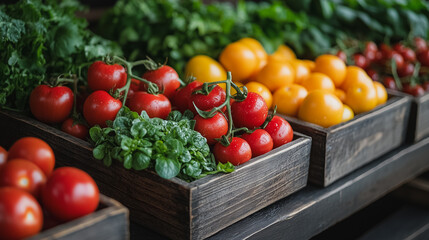 A variety of fresh vegetables including tomatoes, peppers, and basil are displayed in wooden crates. The crates are arranged on a table