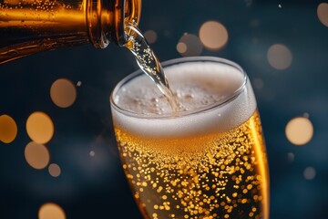 Refreshing beer being poured into a frosty glass, capturing the golden hues and effervescent bubbles against a dark background, emphasizing the crisp, refreshing nature of the drink , ai