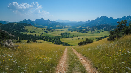 Fototapeta premium A road cuts through a grassy field with mountains in the background. The road is dirt and the grass is tall and green. The scene is peaceful and serene
