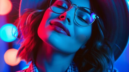 beautiful woman with glasses with neon lights