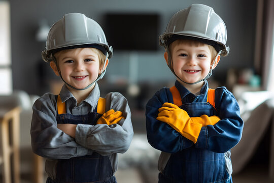 Children dress up as engineers Wearing a hat and gloves, standing with arms crossed.