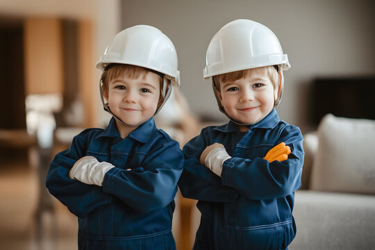 Children dress up as engineers Wearing a hat and gloves, standing with arms crossed.