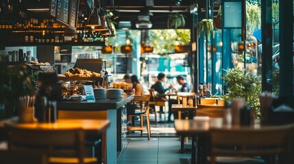 Interior View of a Cafe with Empty Tables and Blurred Customers