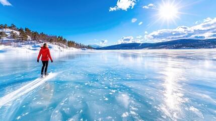Woman Ice Skating on Frozen Lake with Mountain and Blue Sky