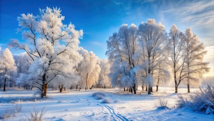 Fototapeta premium Winter landscape featuring frost-covered trees in a snowy forest, frost, trees, winter, landscape, snowy, frosty, cold