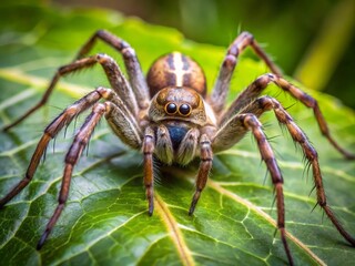 Fototapeta premium A large, grayish-brown fisher spider with striking white markings perches on a sunlit leaf, its eight eyes gazing