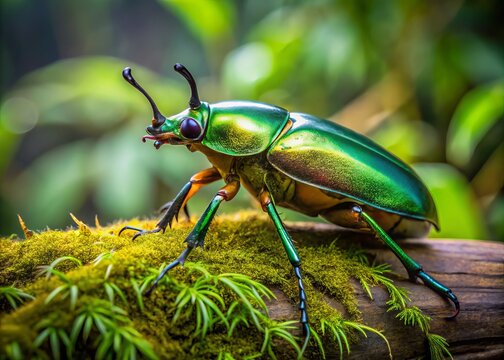 A large, iridescent green beetle with a distinctive curvaceous horn, Dynastes tityus, perches on a moss-covered log in