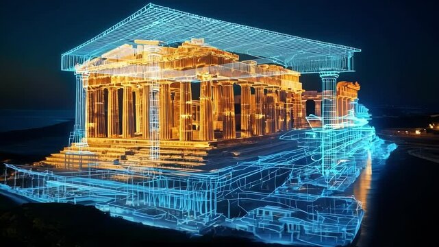Futuristic hologram of the parthenon in athens emerges from a digital blueprint, blending past and future with vibrant colors and intricate details