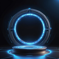 Abstract futuristic dark background of blue neon circles, glowing tech sci-fi frames. Futuristic Sci-Fi HUD Circles