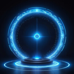 Abstract futuristic dark background of blue neon circles, glowing tech sci-fi frames. Futuristic Sci-Fi HUD Circles