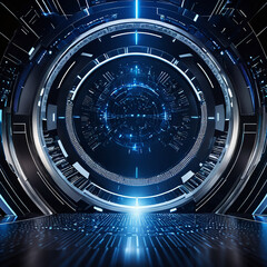 Magic circle teleportation podium with futuristic blue color. Abstract high-tech futuristic technology design. Circle shape. Sci-fi circle elements of light and lamps.