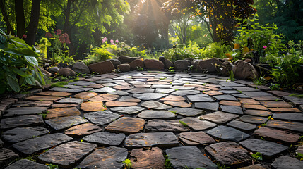 Done viwe circular garden patio with freshly jet washed paving stones