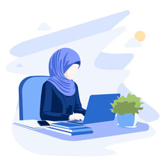 Hijab muslim girl office worker with laptop vector illustration XXI
