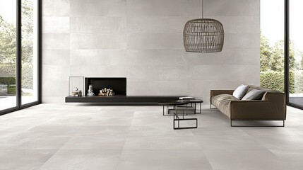 Modern living room with fireplace  large windows  and white tiles