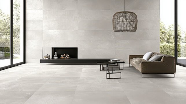 Modern living room with fireplace  large windows  and white tiles