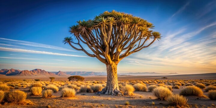 Quiver tree standing tall in the vast South African desert landscape, desert, landscape, South Africa, quiver tree, tree, succulent