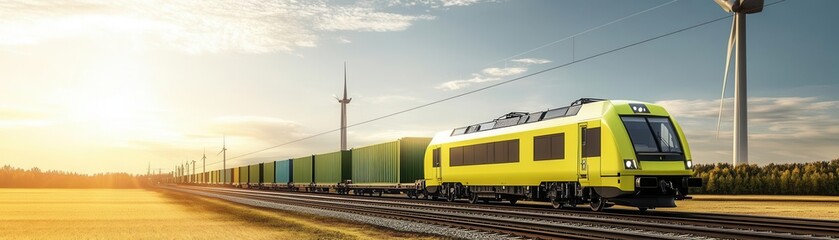 Fototapeta premium Photorealistic electric cargo trains powered by renewable energy in a green logistics network