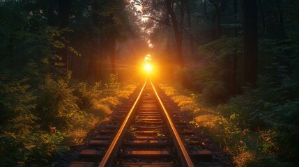Naklejka premium A railroad track through a dense forest with sunlight shining through the trees at the end.