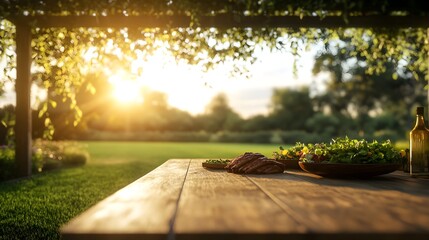 Backyard feast setup under a pergola, ribs on the grill, fresh salads on a rustic table, surrounded by lush greenery, twilight setting, 3D rendering, warm tones