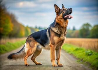 Alert and intense, a black and tan German Shepherd dog stands upright, mouth open, letting out a loud,