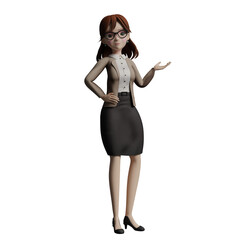 Fototapeta premium Educational Expert 3D Model. A female teacher stands with her arms open as if she is explaining something while her other hand is on her waist. Teacher Cartoon