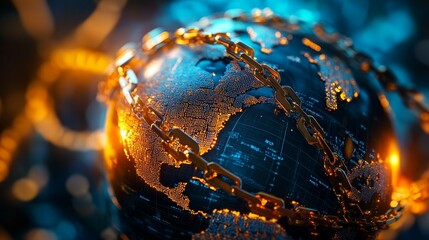 Abstract globe with debt chains and stock price tags, Global debt, International market