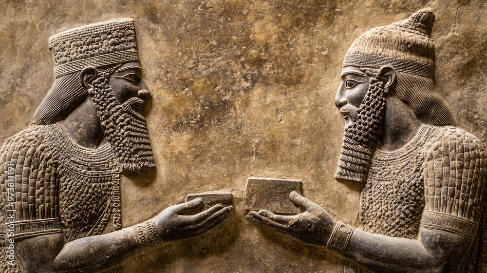 Wall mural ancient sumerian traders calculating risks with clay tablets, historical financing, risk in ancient 