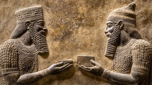 Ancient Sumerian traders calculating risks with clay tablets, historical financing, risk in ancient commerce