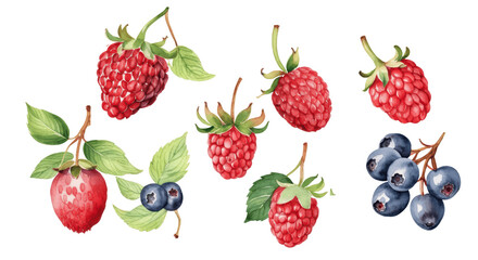 set of watercolor raspberry and blackberry isolated on transparent background