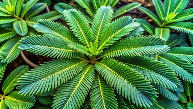 A close-up reveals the devadaru plant's vibrant green, feathery foliage and distinctive symmetrical shape, its delicate